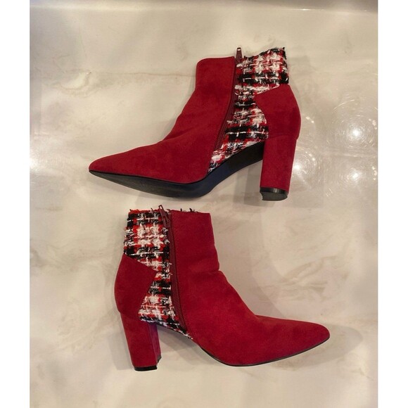 Allegra K Booties Tweed Plaid Faux Suede Ankle Boots Burgundy Sz 7 Chunky Heel - Picture 8 of 12